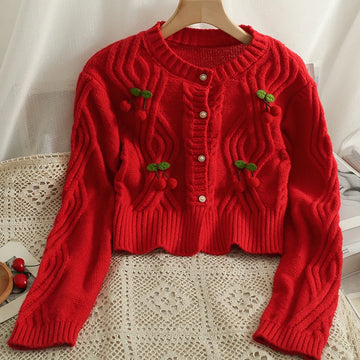 Getadme- Chic Fashion Cherry Knitted Cardigan Women Autumn Cute Button Up O-neck Long Sleeve Coat Streatwear Lady Y2K Sweaters